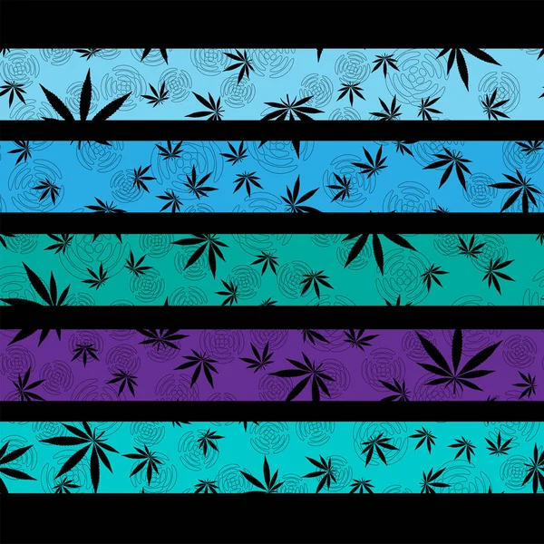Feuilles de cannabis noir sur un fond rayé coloré motif sans couture — Image vectorielle