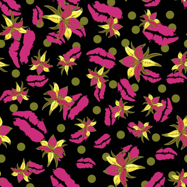 Bright pattern of lips and flowers on a black background, decorative design — Stok Vektör