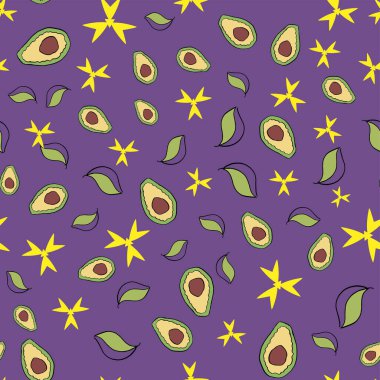 avacado, fruits and leaves, on a purple background seamless chaotic pattern cute doodle, for fabric design home textile kitchen