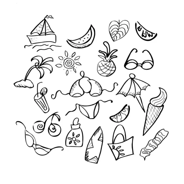 Set of vector doodle elements beach holidays handmade traced decor — Stockvector