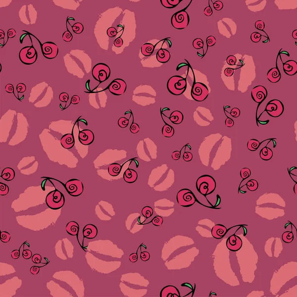 Seamless pattern cherry kiss sweet ornament with berries and kisses vector illustration — Stok Vektör