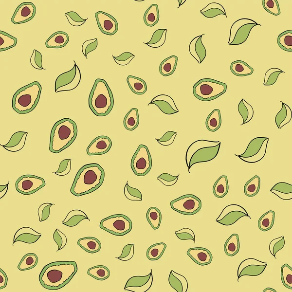Avacado, fruits and leaves, on a yellow background seamless chaotic pattern — Stok Vektör