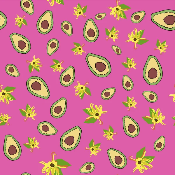 Avacado with yellow flowers on a pink background cute doodle seamless pattern, — Stok Vektör