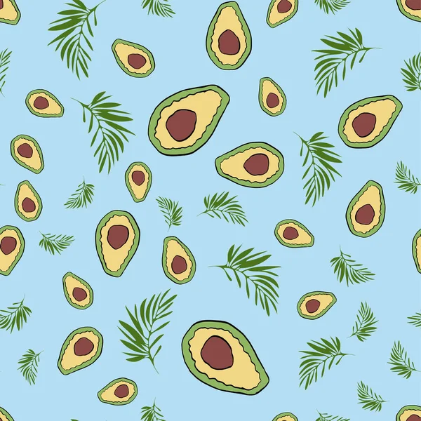 Avocado con biscotti da cuori su uno sfondo blu carino modello doodle senza cuciture, per la casa di design del tessuto — Vettoriale Stock