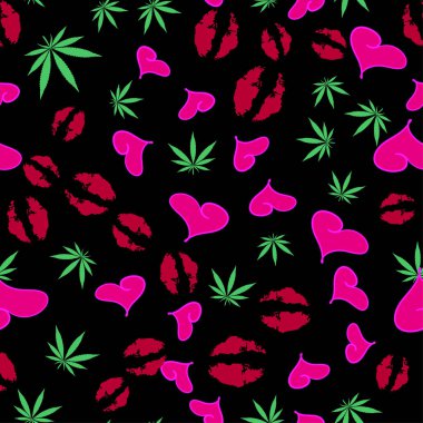 hemp leaves kisses and hearts in a chaotic pattern seamless bright funny texture