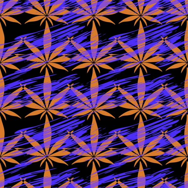 Feuilles de cannabis néon orange vif sur un fond abstrait audacieux noir de gouttelettes de peinture, motif chanvre — Image vectorielle