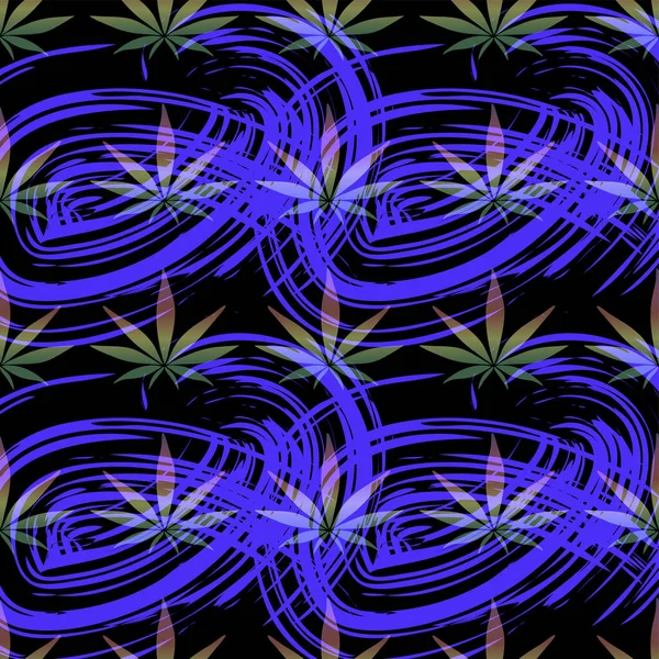 Brilhante multi-colorido neon cannabis folhas em um fundo abstrato negrito preto de gotas de respingo de tinta, padrão de cânhamo — Vetor de Stock