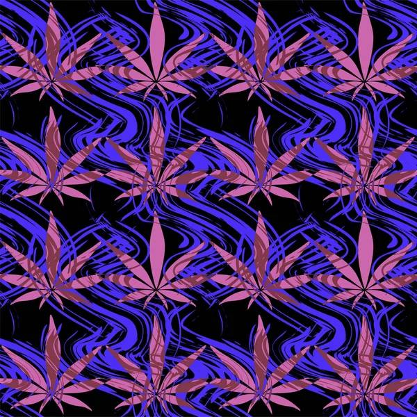 Feuilles de cannabis chaotiques au néon violet vif sur un fond abstrait audacieux noir de gouttelettes de peinture, chanvre — Image vectorielle