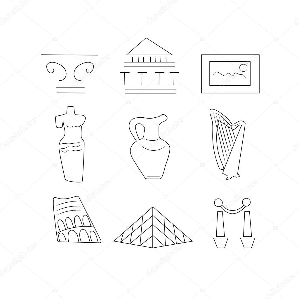 set of vector outline icons on a museum art theme