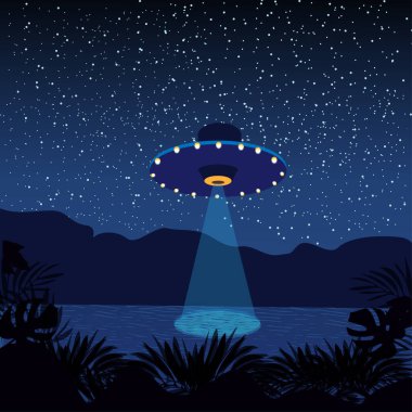 Dağlar, göl ve bitki temsili ile UFO gece gökyüzü manzarası