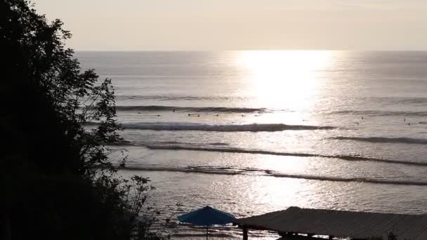 Jóvenes surfistas montan las olas en el océano Índico durante el atardecer, exótico Bali, Indonesia. Vista desde lejos. Full HD 1920x1080, 50 fps. Vista desde la montaña . — Vídeo de stock