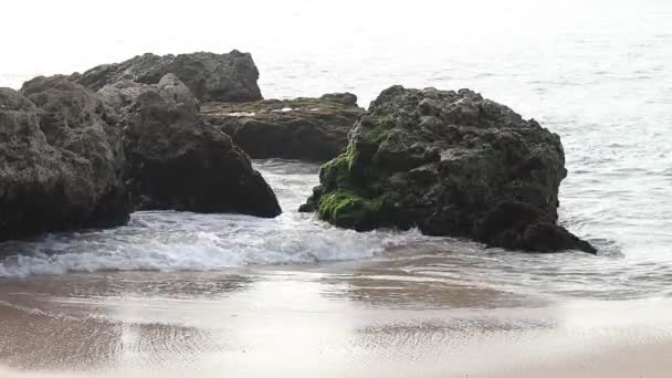 Indiska oceanen kraftfulla vågor kraschar på stenar på tropiska ön Bali, Indonesien. Vacker strand, fin utsikt. Extrema våg förkrossande kusten. — Stockvideo