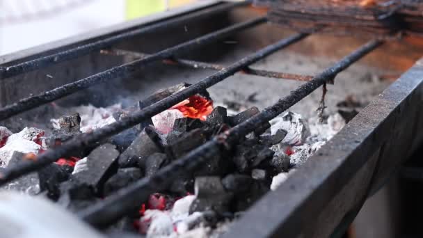 Close view at a glowing charcoal and flame in the barbecue grill. Burning fire and bright coals. Shallow depth of field. Bali tropical island, Indonesia. — Stock Video