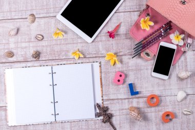 Bir moda blogger bir temel nesneleri yükü. Üstten Görünüm moda piton yılan derisi çanta, kelime 