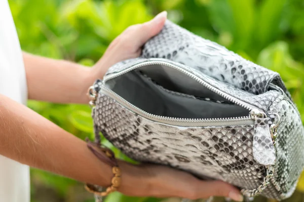 Manos de mujer con bolso de piel de serpiente pitón hecho a mano de lujo. Hermoso asiático fondo . — Foto de Stock