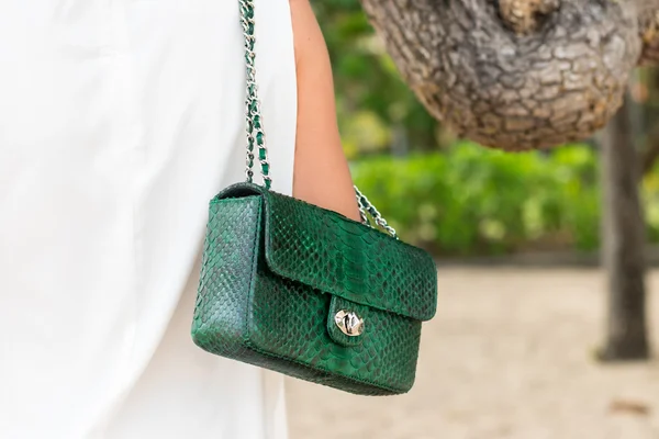 Beautiful Summer Woman with sunglasses and luxury handmade snakeskin python handbag in a green color. Beautiful asian background. Posing on the beach of tropical Bali island, Indonesia.
