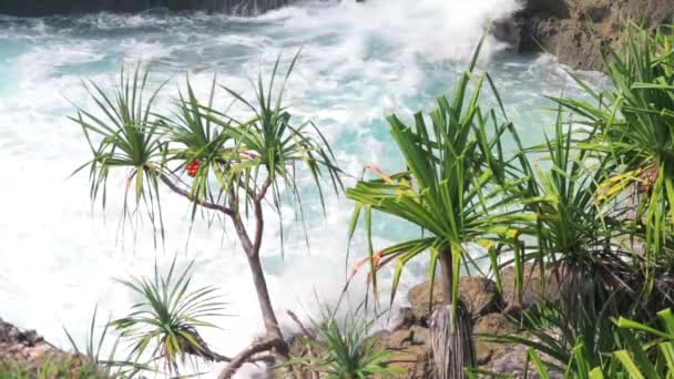 Grandes olas aplastándose en el muelle de piedra curvada, en el clima tormentoso, isla tropical de Lembongan, vista increíble desde la parte superior. No hay gente. Laguna azul . — Vídeos de Stock