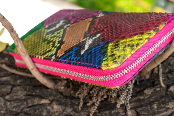 Lüks yılan deri cüzdan ahşap arka plan üzerinde. Pahalı yılan derisi python multy renk çanta.