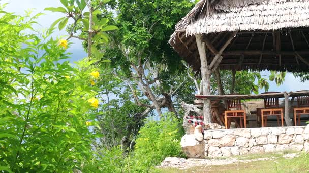 Bonito café en las montañas de Ceningan isla tropical. Mesa y sillas de madera, hermosa vista, lugar tranquilo. Plantas asiáticas alrededor . — Vídeo de stock