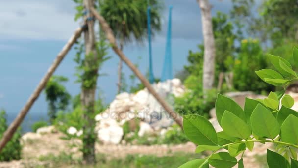 Einsam schaukeln auf den Klippen des Berges mit herrlichem Sommerblick. grüne asiatische Pflanzen und Bäume. Niemand. tropische Insel Limbongan, Indonesien, Asien. — Stockvideo