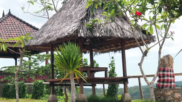 Pittoreske Balinees houten prieel staat naast het voetpad aan de rand van de klif. Tropische eiland Nusa Lembongan, Indonesië. — Stockvideo