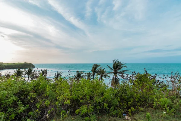 Paisagem tropical no penhasco da praia de Balangan, Bali, Indonésia, Ásia. Dia ensolarado, céu azul bonito, palmas verdes . — Fotografia de Stock