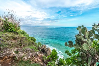 Tropik ada peyzaj, okyanusta bir bacakground. Sahile uçurumun güzel manzara. Açık sahne, Bali Adası, Endonezya.