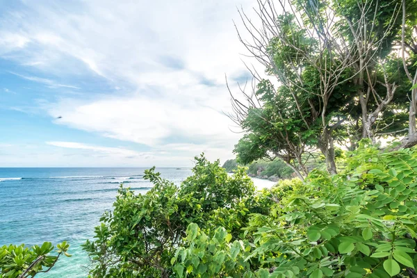 Tropisk ö landskap, ocean på en bacakground. Vacker utsikt från klippan till kusten. Utomhus landskap, ön Bali, Indonesien. — Stockfoto