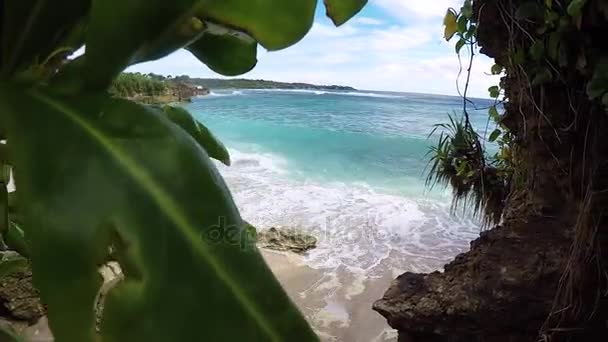 Az beyaz plaj ile tropikal lagün üzerinde palmiyeler. Cennet ada Nusa Lembongan, Bali, Endonezya. Mavi su ve şaşırtıcı gökyüzü. Sessiz bir yer, insan yok. Ağır çekim. — Stok video