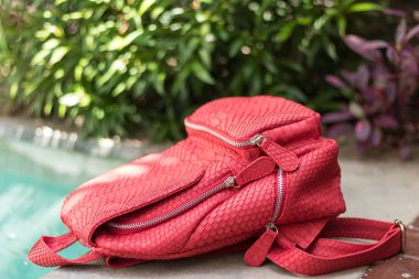 Yüzme Havuz kenarında şık kırmızı deri snkeskin python sırt çantası. Bali Adası.