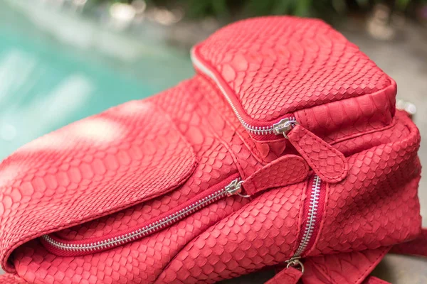 Snygg röd läder snkeskin python ryggsäck nära poolen. Ön Bali. — Stockfoto