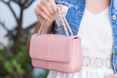 Yılan derisi python lüks çanta ile kadın el Yüzme Havuzu yakınındaki.