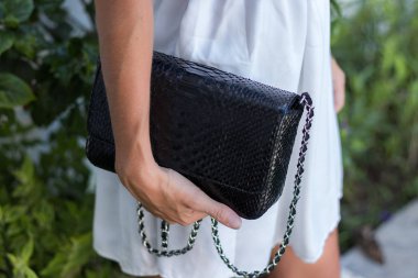 Yılan derisi python lüks çanta ile kadın el Yüzme Havuzu yakınındaki.