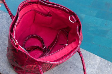 Yılan derisi python lüks çanta Yüzme Havuz kenarında.