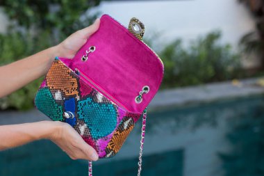 Yılan derisi python lüks çanta ile kadın el Yüzme Havuzu yakınındaki.