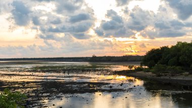 Tropikal günbatımı Bali Adası, Endonezya göl kenarında.