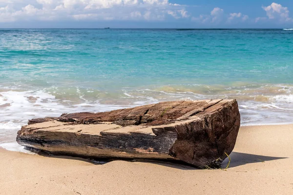 Océano olas contra el tronco en una playa tropical de la magia de la isla de Bali, Indonesia . — Foto de Stock