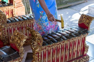 Kadın el ve geleneksel Balinese müzik aleti gamelan. Bali Adası, Endonezya.