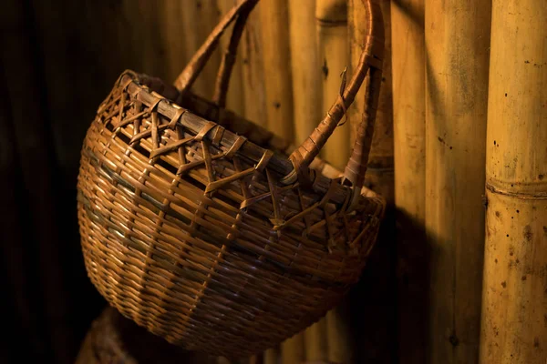 Empty handmade wooden basket in the traditional shop of Bali island, Indonesia. Handcraft basket.