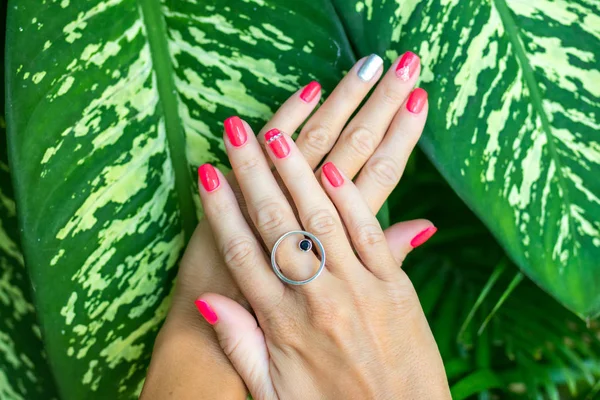 Close-up de mãos de uma jovem mulher com manicure vermelho em pregos contra o fundo tropical verde natural . — Fotografia de Stock