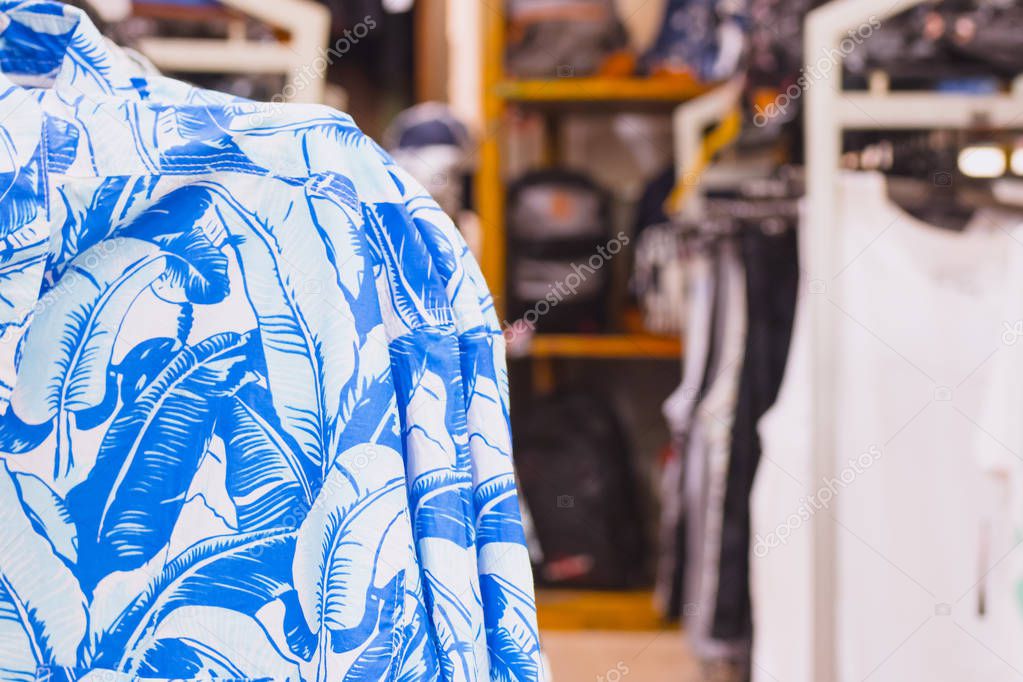 Close up of man shirt in the shopping mall. Bali island, Indonesia.