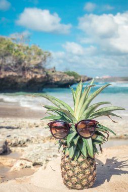 Sahilde taze tropikal egzotik ananas meyve. Parardise Bali Adası.