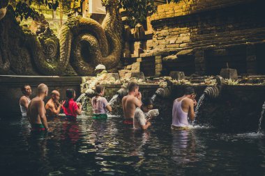 Bali, Endonezya - 5 Aralık 2017: Kutsal kaynak suyu. Tirta Empul tapınakta dua insanlar. Bali, Endonezya.