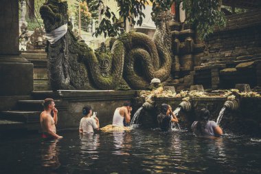 Bali, Endonezya - 5 Aralık 2017: Kutsal kaynak suyu. Tirta Empul tapınakta dua insanlar. Bali, Endonezya.