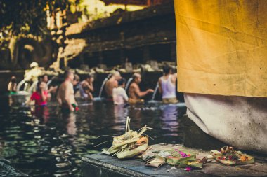 Bali, Endonezya - 5 Aralık 2017: Kutsal kaynak suyu. Tirta Empul tapınakta dua insanlar. Bali, Endonezya.