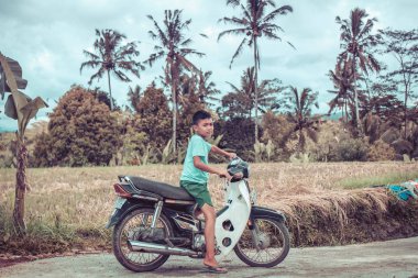 Bali, Endonezya - 5 Aralık 2017: Küçük Bali çocuk pirinç alan, Bali Adası yakın motosiklet üzerinde.
