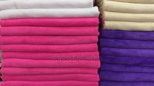 Close up of colorful towels in the store of shopping mall, Bali. Many towels. — Stock Video