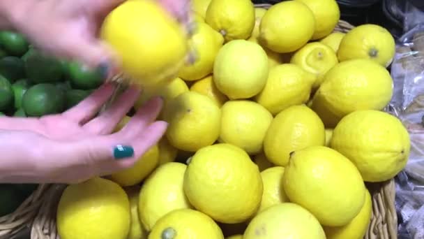 Женщина выбирает свежие органические лимоны в фермерском супермаркете . — стоковое видео