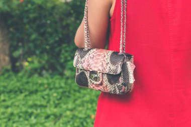 Kadın elleriyle lüks el yapımı yılan derisi deri çanta. Piton yılan moda çanta. Açık havada, Bali Adası.