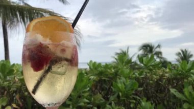 Beyaz sangria ile çilek, portakal ve elma tropikal restoranın dışında. Bali Adası. Sangria tropikal bir arka plan üzerinde.
